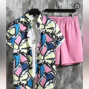 Barbie Inspired - Geometric Pattern Print, Men's 2Pcs Outfits